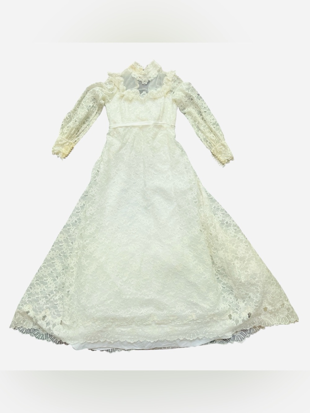 Ivory Lace Long-Sleeve Wedding Dress with High Ruffle Neck